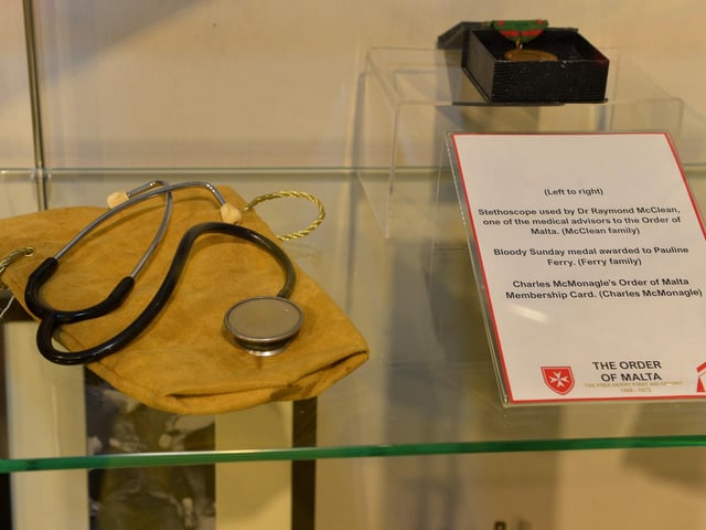 A stethoscope used by Dr Raymond McClean, one of the medical advisors to the Order of Malta on display at the Order of Malta Exhibition launch in the Museum of Free Derry on Monday evening last. Photo: George Sweeney. DER2305GS – 50