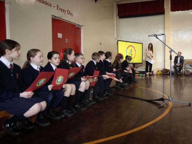The Holy Child PS School Council addressing a special assembly at the school on Thursday when the Children's Commissioner Chris Quinn attended to open 'The Thrive Hive.'