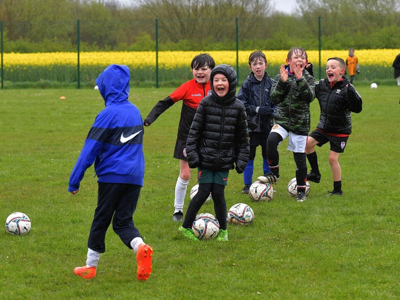 Despite inclement weather on Tuesday, there was still loads of fun and games at the Derry City Easter Soccer Camp at Broadbridge Primary School. Picture: George Sweeney. DER2315GS – 139