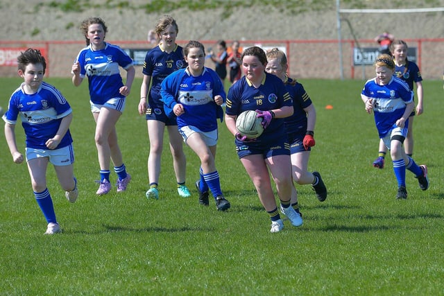 Gaelscoil Edain Mhoir in action against Nazareth House in the Sean Dolan’s Girls School Cup competition on Friday afternoon last. Photo: George Sweeney.  DER2316GS – 34