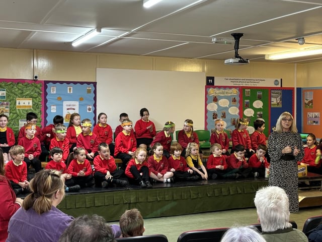 Pupils from Ballougry Primary School pictured at the Harvest Assembly and Food Bank held in the school on Wednesday morning.