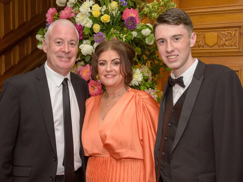 The Mayor Councillor Patricia Logue hosted the annual Mayor’s Ball in the Guildhall in aid of her crossed Charities the Foyle Hospice and Ryan McBride Foundation. Pictured at the event are guests, Councillor Pat Murphy with Tara and Barra Murphy. Picture Martin McKeown. 24.05.24