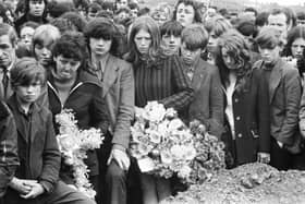 Mourners at the funeral of Thomas Friel back in 1973.