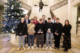 Thirty students from Northern Ireland’s Further Education Colleges have been recognised as the first recipients of a Northern Ireland Traineeship at a ceremony in Stormont. The students, five from each FE College, were among the first cohort of students from Northern Ireland to complete a NI Traineeship. Pictured from North West Regional College are (Front Row, L to R) NI Traineeship in Carpentry and Joinery award receipients: Shea Glenn, Faolan Boyd, Caemgen Kealey, Matthew Hassan, Eoin Hamilton, Louise Watson, Director of Further Education, Department for the Economy. Back Row, L to R: 
The new NI Traineeships enable school-leavers and adults to gain a qualification equivalent to five GCSEs (Level 2), while also gaining valuable work experience in the sector they are interested in. Gary Killeen, NUprint Technologies, Dr Catherine O'Mullan, NWRC, Clement Athanasiou, DfE and Leo Murphy, Principal and CEO, NWRC.