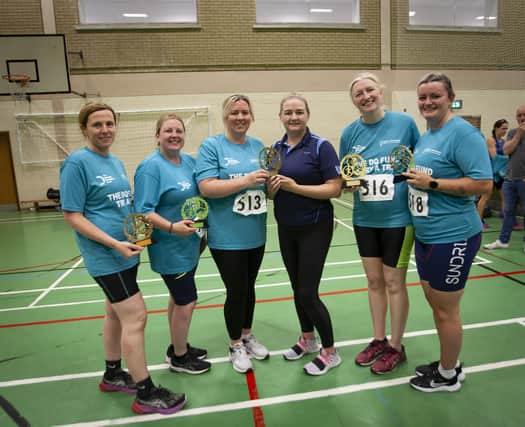 Aileen McGuinness, BBHF presenting ‘Try-A-Tri’ participants with their trophies at Templemore Sports Complex on Sunday.