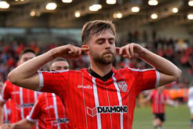 NO NONSENSE . . . Derry City’s Will Patching's celebration was a clear message to the critics after his injury time goal against Sligo Rovers at the Brandywell on Friday evening. Photo: George Sweeney. DER2327GS - 084