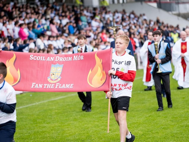 Participants at the Derry Diocese Fan The Flame annual Mass 2025 in Celtic Park.