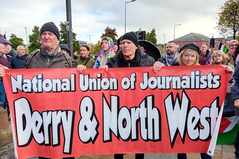 Darach MacDonald, Eamonn McCann and Felicity McCall of the Derry and North West Branch of the National Union of Journalists at the demonstration.