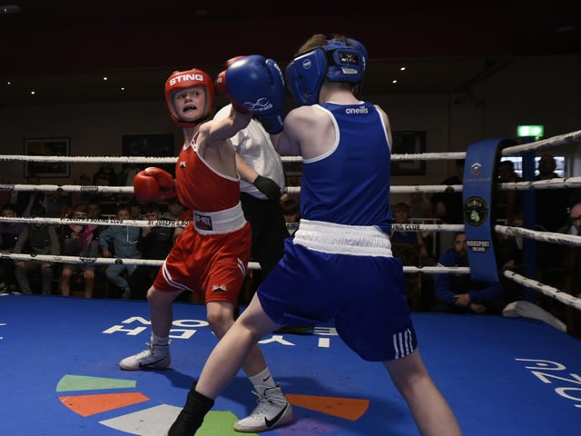 Boy 1 44.5kg bout, Daithi Mahon (St Joseph's) v Jacob Gaile (Coleraine)