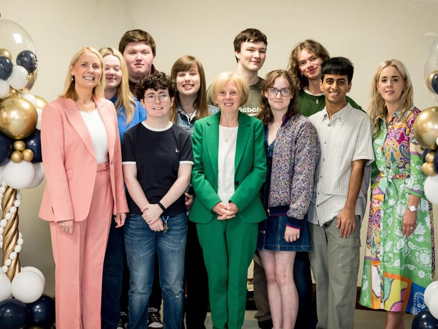 Mrs Brónach O’Hare (Vice Principal), Lauren McLoone, Conor McLoone, Kirsty McIvor, Dr Marie Ferris (Principal) Aine O'Hare, Matthew Duffy, Ella Lamont, Thomas Doherty, Aarush Tetali, Mrs Léan McShane (Senior Teacher).