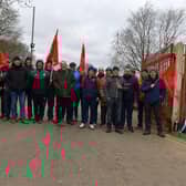 Striking Roads Services workers picket the Depart for Infrastructure Woodburn Roads depot on Crescent Road recently. Photo: George Sweeney. DER2310GS – 15