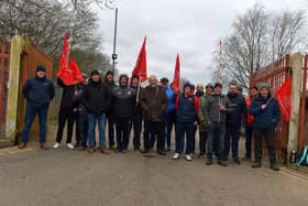 Striking Roads Services workers picket the Depart for Infrastructure Woodburn Roads depot on Crescent Road recently. Photo: George Sweeney. DER2310GS – 15