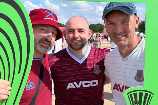 Martin Clifford pictured with fellow Derry men and West Ham fans, Richard and Ciaran Turner.