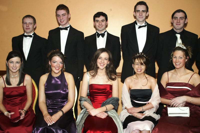 Sharon Fox, Aine McDaid, Pauline Healy, Kecklyn Doherty and Danielle Knox with Gerry McConnellogue, Barry McCafferty, Peter Douglas, Kieran Smyth and Sean Coyle.  (0203JB39) :Attendees enjoying the Thornhill College formal in April 2004.