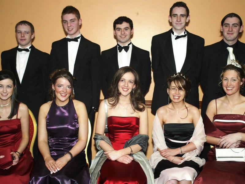 Sharon Fox, Aine McDaid, Pauline Healy, Kecklyn Doherty and Danielle Knox with Gerry McConnellogue, Barry McCafferty, Peter Douglas, Kieran Smyth and Sean Coyle. (0203JB39) :Attendees enjoying the Thornhill College formal in April 2004.