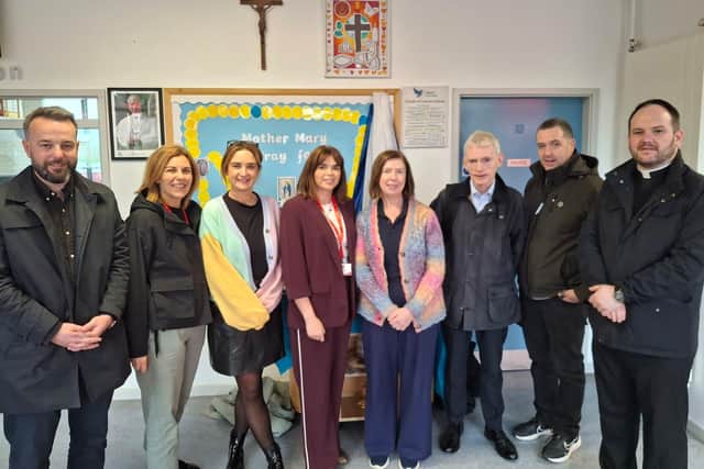 Colum Eastwood MP and Colr. Catherine McDaid meeting with school representatives.