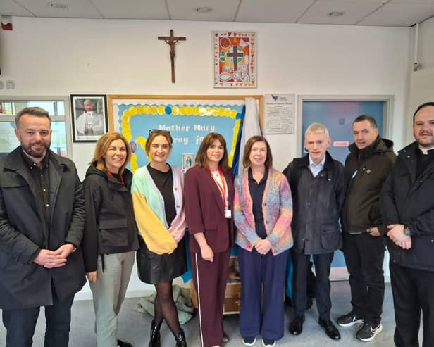 Colum Eastwood MP and Colr. Catherine McDaid meeting with school representatives.