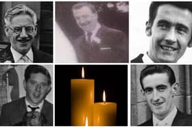 The victims of the Annie's Bar massacre: top l-r: Frank McCarron, Michael McGinley and Barney Kelly; bottom l-r Charles Moore and Charles McCafferty.