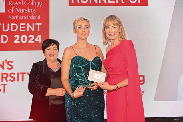 Rita Devlin, Director, RCN Northern Ireland, April Canning, runner-up in the Student Award sponsored by Queen’s University, Belfast and Professor Donna Fitzsimons, Queen’s University, Belfast. Picture: Simon Graham