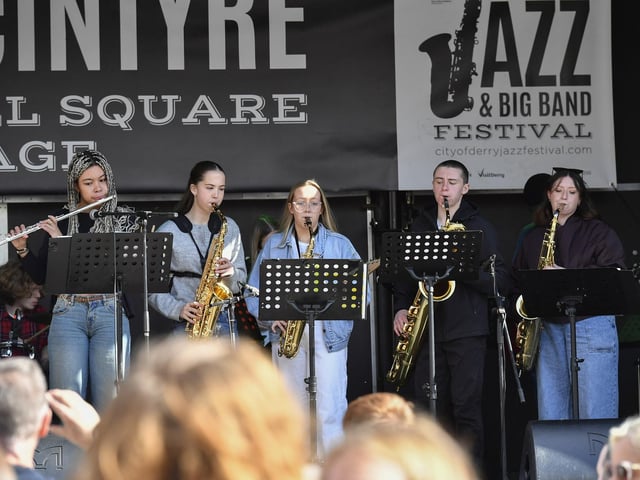 The Foyle College Band performs on the Gay McIntyre stage in Guildhall Square during the Jazz Festival.  Photo: George Sweeney