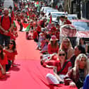 Supporters of the ‘Turn Shipquay Street Red for Gaza’ march on Shipquay Street on Saturday afternoon. Photo: George Sweeney