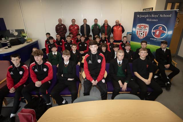 STEVEN GERRARD ACADEMY. . . . .Coaches, teaching staff and students pictured at the Steven Gerrard Academy's restart for the new school year at St. Joseph's Boys School on Thursday last. (Photos: Jim McCafferty Photography)