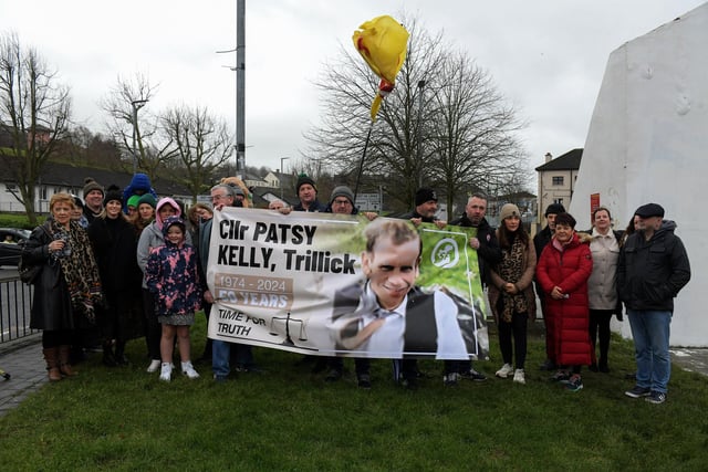 Relatives and supporters march from Free Derry Wall to Celtic Park, on Sunday afternoon, to protest against the British Government’s Legacy Bill’s lack of investigation into the deaths of Sean Brown and Patrick Kelly. Photo: George Sweeney
