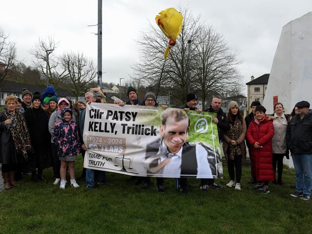 Relatives and supporters march from Free Derry Wall to Celtic Park, on Sunday afternoon, to protest against the British Government’s Legacy Bill’s lack of investigation into the deaths of Sean Brown and Patrick Kelly. Photo: George Sweeney
