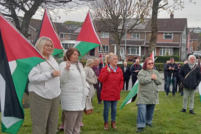 Sinn Féin MLA Ciara Ferguson and Councillors Sandra Duffy and Patricia Logue mark Palestinian Prisoners’ Day in the Bogside.