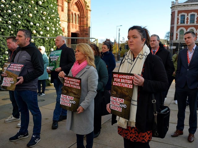 Local representatives attend the ‘Bin the Legacy Bill’ protest, organised by The Bloody Sunday Trust and the Pat Finucane Centre, at Guildhall Square on Wednesday afternoon. Photo: George Sweeney. DER2247GS – 53