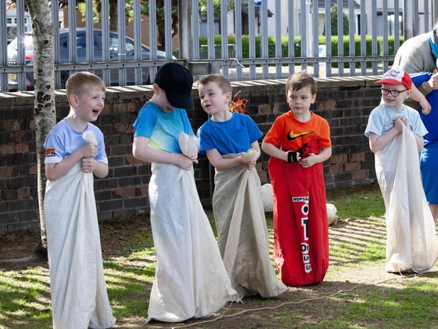 Boys getting ready for the Sack Race during Wednesday's sports day.