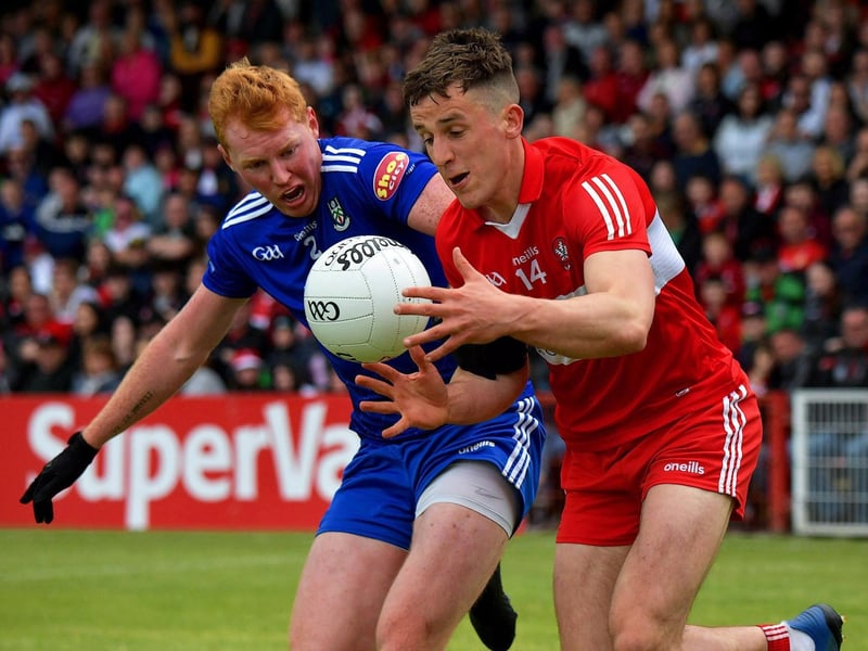 May 2023: Derry’s Shane McGuigan shields the ball from Ryan O’Toole of Monaghan during another successful Ulster Championship campaign. Photo: George Sweeney