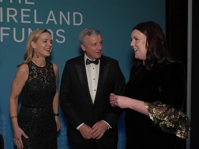 Caitriona Fottrell, President & CEO of The Ireland Funds; John Murphy, President and CFO of The Coca-Cola Company; and Lisa McGee, creator of Derry Girls at The Ireland Funds 45th Anniversary New York Gala on May 4, 2023 in New York (Photograph - James Higgins)
