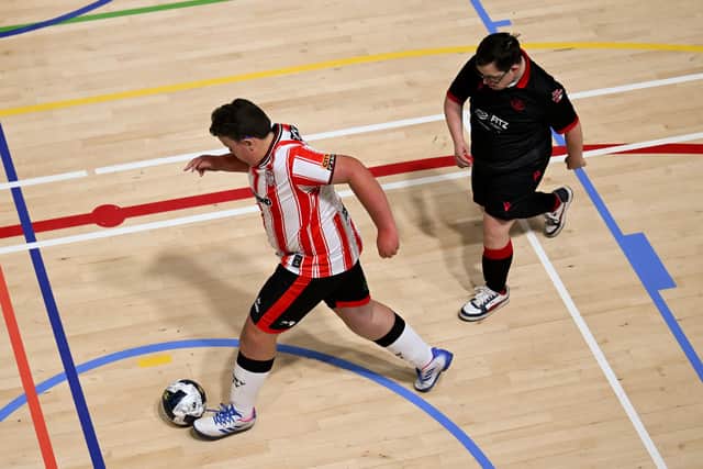 Action during the LOI Cairdeas Cup Festival final match between Derry City and Drogheda United at the National Indoor Arena on the Sport Ireland Campus in Dublin. Photo by Paul Phelan/Sportsfile
