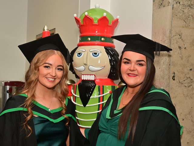 Pacemaker Press 13/12/22From L-R Kate Devlin from Drumquin and Ellen McBride from Omagh ,Who graduated in Nursing at the Ulster University graduation in the Millennium Forum in Derry on Tuesday.Pic  Pacemaker:.