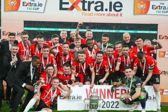 Derry City, the 2022 FAI Cup champions, celebrate in the Aviva Stadium on Sunday after defeating Shelbourne 4-0. (Photo: Photo: Kevin Moore/MCI)