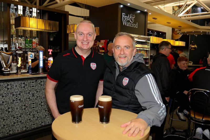 Derry City supporters enjoy a pint before departing from City of Derry Airport on Wednesday morning ahead of the HB Torshavn V Derry City, Europa Conference League, 1st Leg, 1st Rd Qualifier.