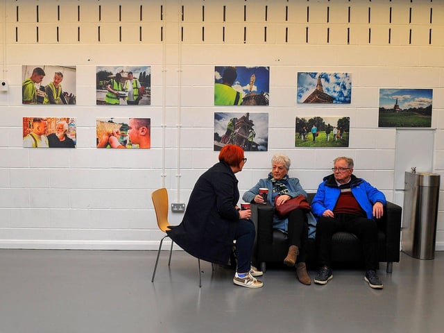 Photographs from David Best’s temporary space of healing’ Sanctuary’ which a Féile led group of young people from Derry help construct in Bedford, England, to commemorate those who lost their lives during the Covid – 19 pandemic on show at St Mary’s Youth Club in Fanad Drive. Photo: George Sweeney. DER2308GS – 12