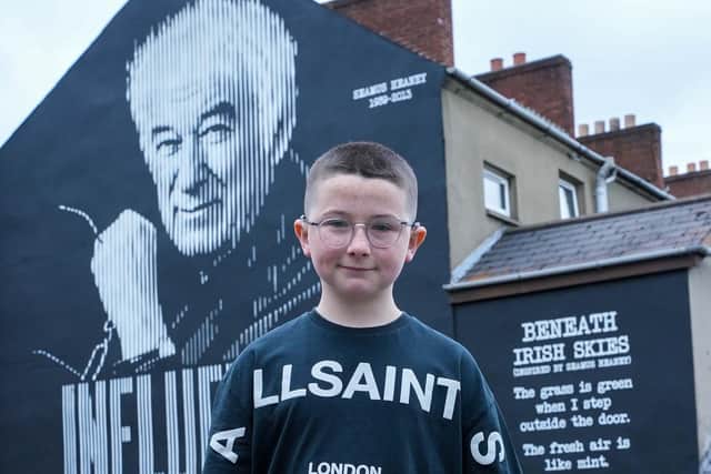 Jude Shiels at the-finished Seamus Heaney artwork.