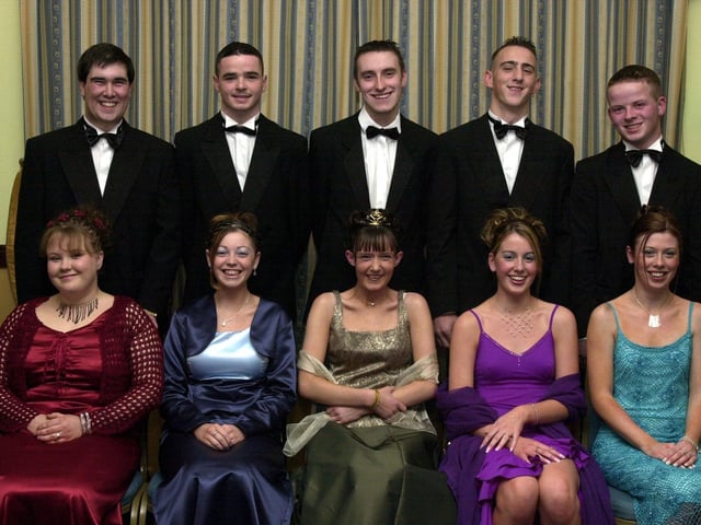Front, from left, are Lisa Doherty, Fionnuala Harvey, Jacqueline Mallett, Ciara Quinn and Christine Feeney. Back, from left, are Patrick Bowen, Declan Devenney, Ruairi McCallion, head boy, St. Brigid's High School, Peter McCloskey and Peter Donaghy. (14/11/CD21) : Students attending the St Mary's Formal back in the year 2000.