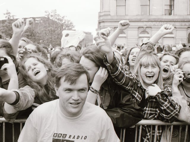 Ecstatic fans enjoying the BBC Radio 1 roadshow in 1993.
