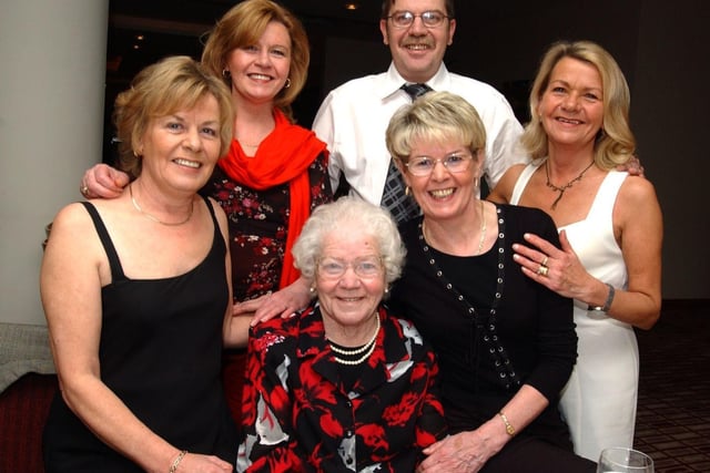 Sheila Doherty, with her family Marion, Sheila, Chris, Philomena and Don celebrating her 80th birthday at the City Hotel.                              :Party snaps from 2003 by Hugh Gallagher