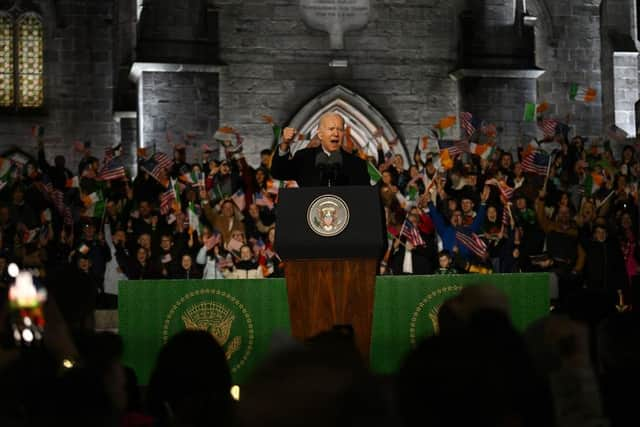 BALLINA, IRELAND - APRIL 14: U.S. President Joe Biden addresses a crowd during a celebration event at St Muredach's Cathedral on April 14, 2023 in Ballina, Ireland. U.S. President Joe Biden has travelled to Northern Ireland and Ireland with his sister Valerie Biden Owens and son Hunter Biden to explore his family's Irish heritage and mark the 25th Anniversary of the Good Friday Peace Agreement.  (Photo by Charles McQuillan/Getty Images)