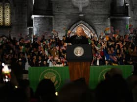 BALLINA, IRELAND - APRIL 14: U.S. President Joe Biden addresses a crowd during a celebration event at St Muredach's Cathedral on April 14, 2023 in Ballina, Ireland. U.S. President Joe Biden has travelled to Northern Ireland and Ireland with his sister Valerie Biden Owens and son Hunter Biden to explore his family's Irish heritage and mark the 25th Anniversary of the Good Friday Peace Agreement.  (Photo by Charles McQuillan/Getty Images)