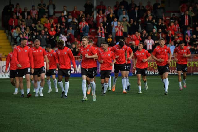 Derry City players pictured during the warm up prior to the game against HB Torshavn at the Brandywell last Thursday evening. Photo: George Sweeney. DER2329GS – 35