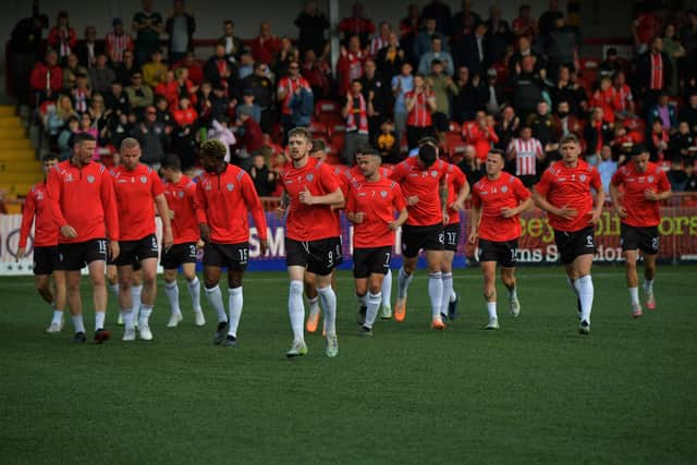 Derry City players pictured during the warm up prior to the game against HB Torshavn at the Brandywell last Thursday evening.  Photo: George Sweeney. DER2329GS – 35