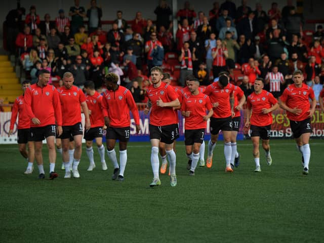 Derry City players pictured during the warm up prior to the game against HB Torshavn at the Brandywell last Thursday evening.  Photo: George Sweeney. DER2329GS – 35