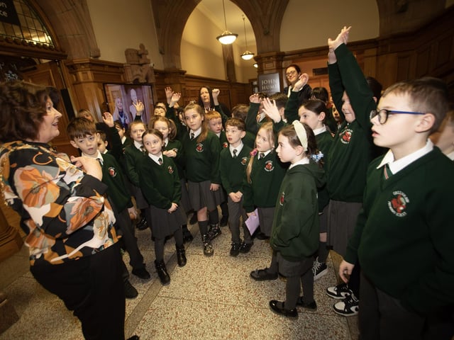 Greenhaw Primary School pupils meet the Mayor Patricia Logue during a visit to the Guildhall.