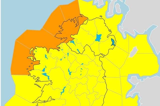A Met Eireann graphic showing the Status Orange and Yellow warnings.