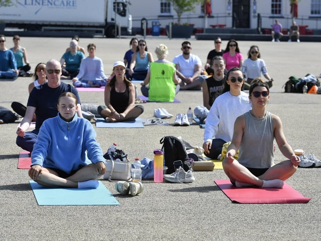 There was a large turnout, in Ebrington Square on Saturday morning, for the Northlands Well Being Yoga event lead by John Bell. The event was part of the Northlands 50th Anniversary Celebrations. Photo: George Sweeney